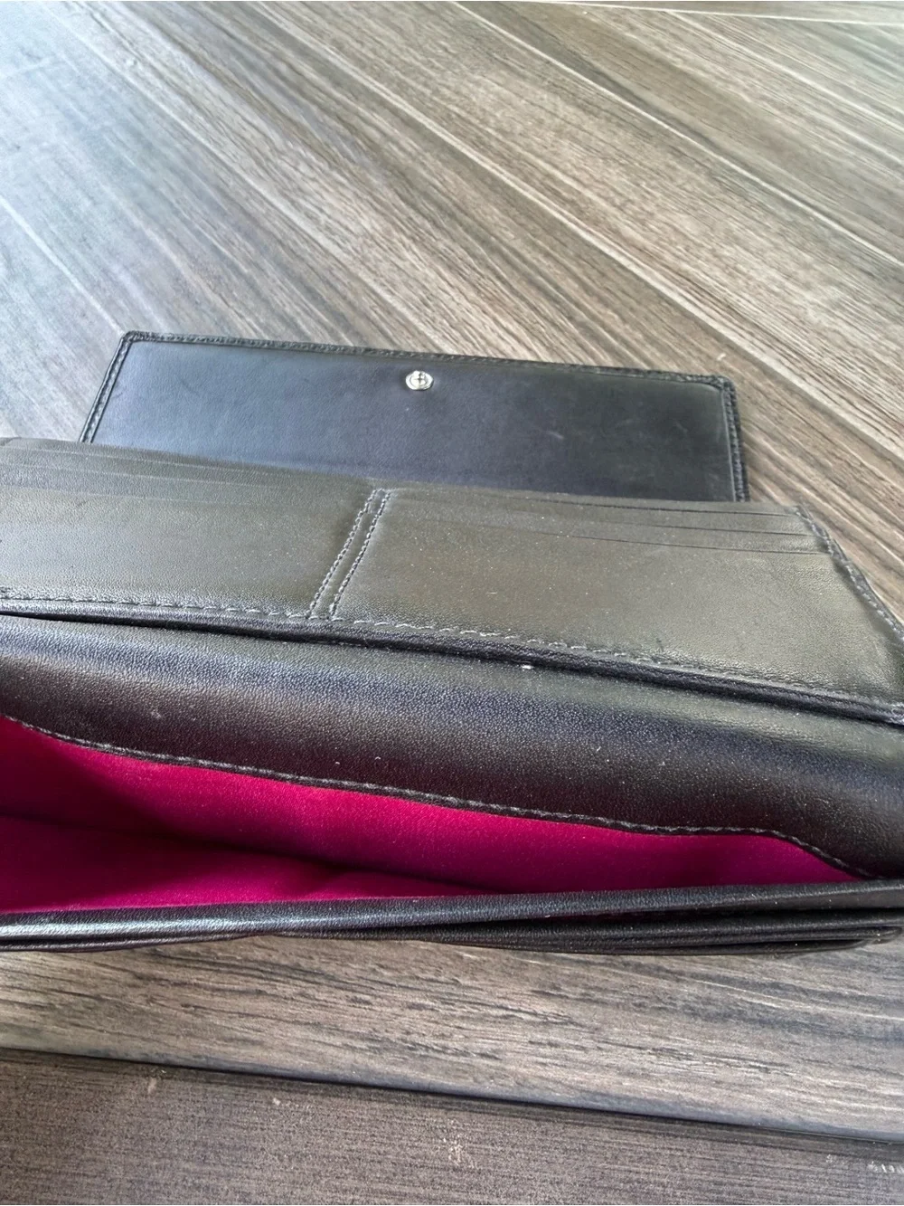 Coach Logo Black Tri-Fold Wallet with Snake-Print Center Stripe